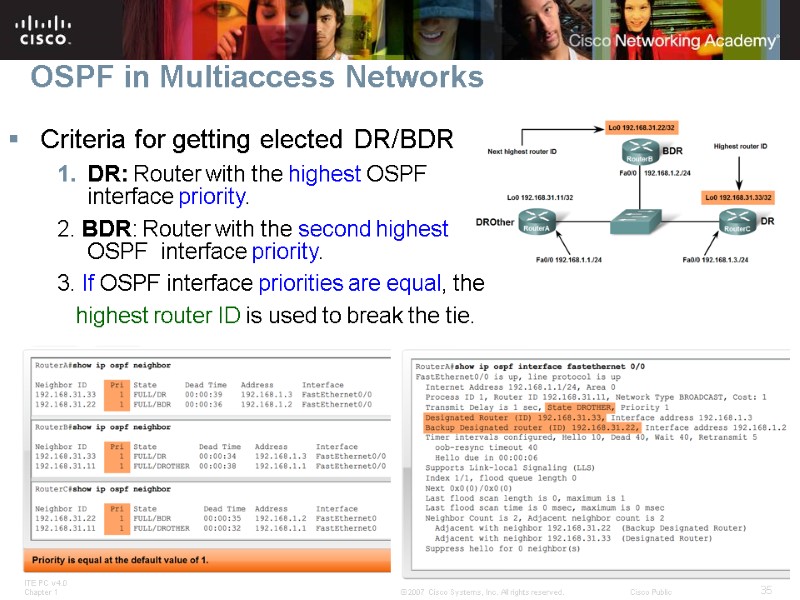OSPF in Multiaccess Networks Criteria for getting elected DR/BDR DR: Router with the highest